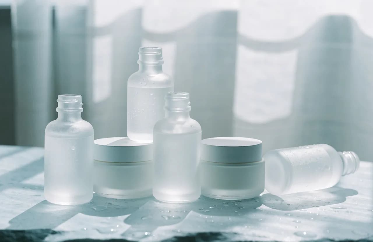 Korean skincare bottles and cream jars